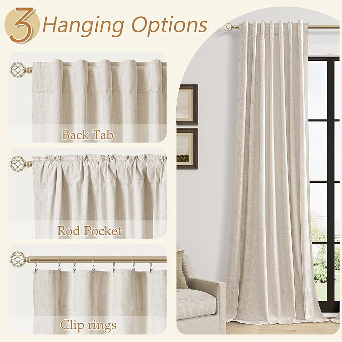Guken Extra Long 100% Blackout Linen Curtains for Bedroom 120 inches Long, Thermal Insulated Room Darkening Black Out Drapes for Living Room, Back Tab Rod Pocket 2 Panels Set,Cream Beige,52x120