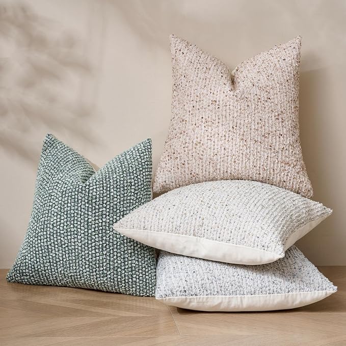 DEZENE Striped Throw Pillow Covers 16x16 Set of 2 Cream Grey Textured Boucle Chic Morden Boho Accent Farmhouse Square Decorative Couch Pillow Covers for Home Decor Bed Sofa Living Room