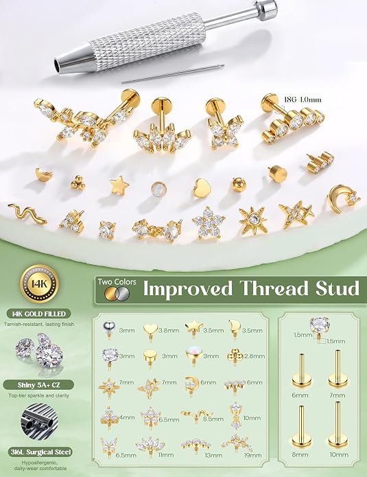 Flat Back Stud Earrings for Women Hypoallergenic Surgical Steel Internal Thread CZ Stud Piercing Jewelry for Tragus Helix Conch Cartilage 14K Gold/Silver Plated Nose Lip Labret Medusa Piercing 16G 18G