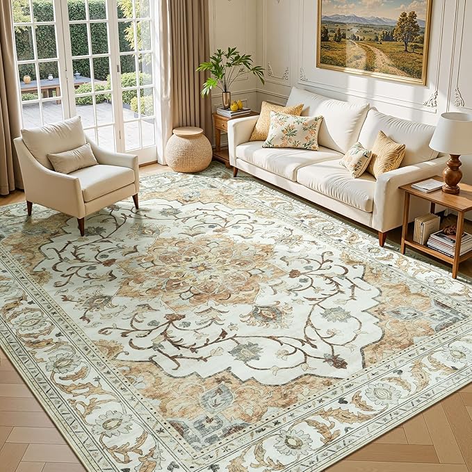 Lessymo Washable Area Rug for Living Room,8x10 Large Rugs with Non-Slip Backing,Soft Boho Carpets for Bedroom Dining Room Nursery Home Office,Light Beige