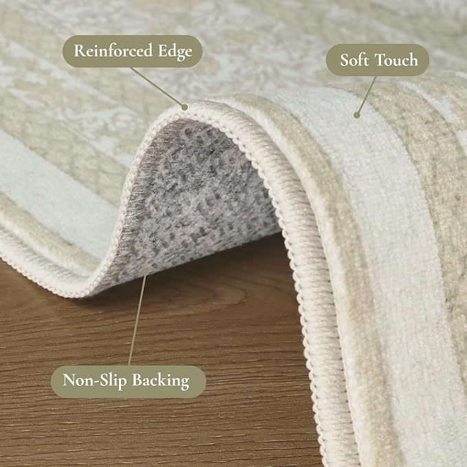 Bavni Vintage Floral Rugs 6X9, Washable Area Rug with Non Slip Backing, Low Pile for Living Room, Bedroom & Home Decor, Lightweight Carpet, Beige Cream