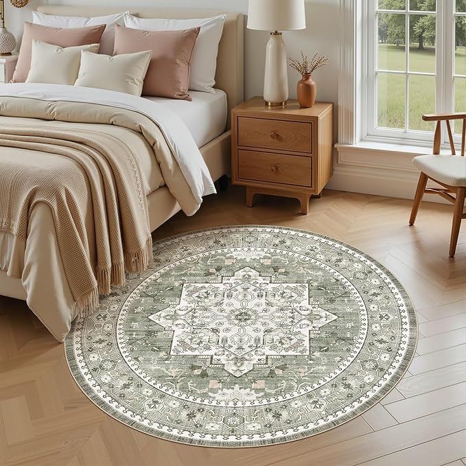 8ft Round Area Rug: Washable Vintage Neutral Soft Non Slip Thin Large Floor Carpet for Living Room Bedroom Kitchen Dining Room Home Office Farmhouse Indoor - Green