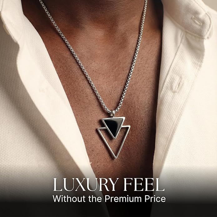 Galis Mens Necklace - Premium Stainless Steel Silver Chain Necklace, Non Tarnish, Chains, Triangle, Cross, Black Enamel, Compass Pendant, Stylish Jewelry - Gift for Him 24"