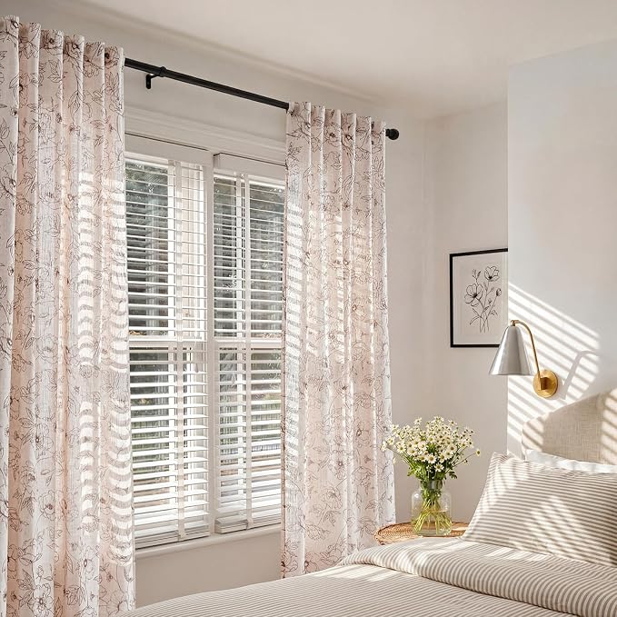 jinchan Floral Linen Curtains for Living Room 96 Inch Length Brown Flower Curtain Rod Pocket Back Tab Farmhouse Curtains with Printed Floral Bedroom Window Curtain Set, 2 Panels Brown