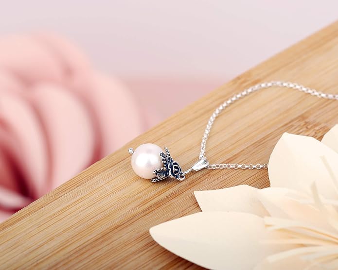 Paz Creations 925 Sterling Silver Pearl Pendant Necklace with Round Ball-Shape White Freshwater Pearl and Handcrafted Floral Cap - Natural Elegant Jewelry
