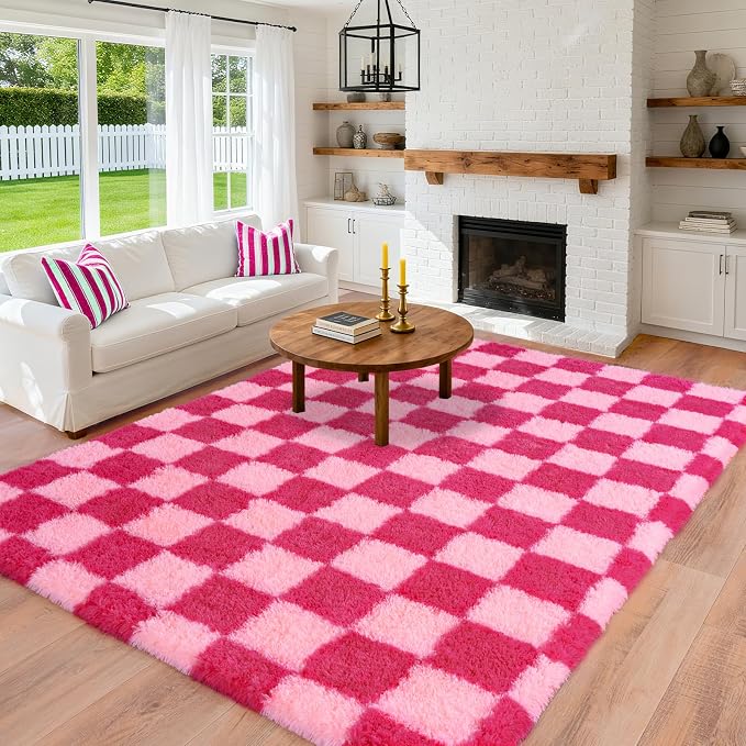 Pionblank Fluffy Area Rug for Bedroom 5x7, Modern Indoor Shag Carpet, Soft Plush Non Slip Checkered Rugs for Living Room Kids Room Home Decor, Hot Pink