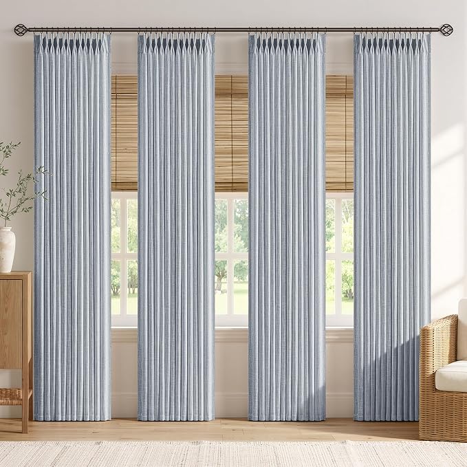 MIULEE 4 Panels Set Pinch Pleated Linen Curtains 108 Inches Length for Living Room Bedroom, Extra Long Pinch Pleat Drapes Back Tab Light Filtering Chambray Blue Foor to Ceiling Curtains with Hooks