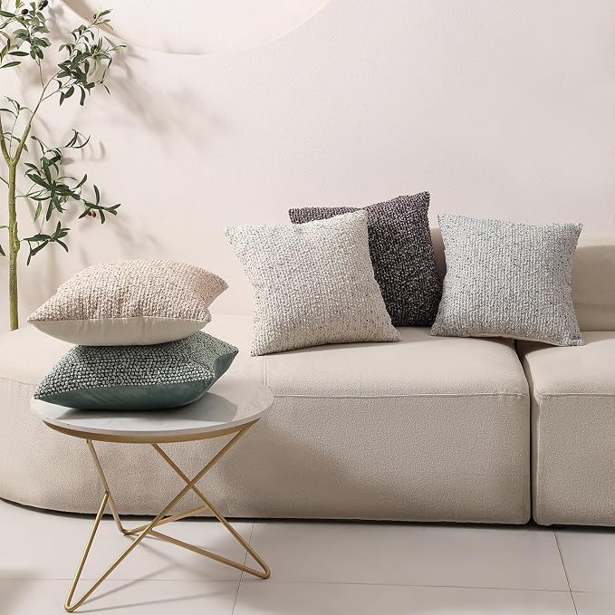 DEZENE Striped Throw Pillow Covers 16x16 Set of 2 Beige Textured Boucle Chic Morden Boho Accent Farmhouse Square Decorative Couch Pillow Covers for Home Decor Bed Sofa Living Room