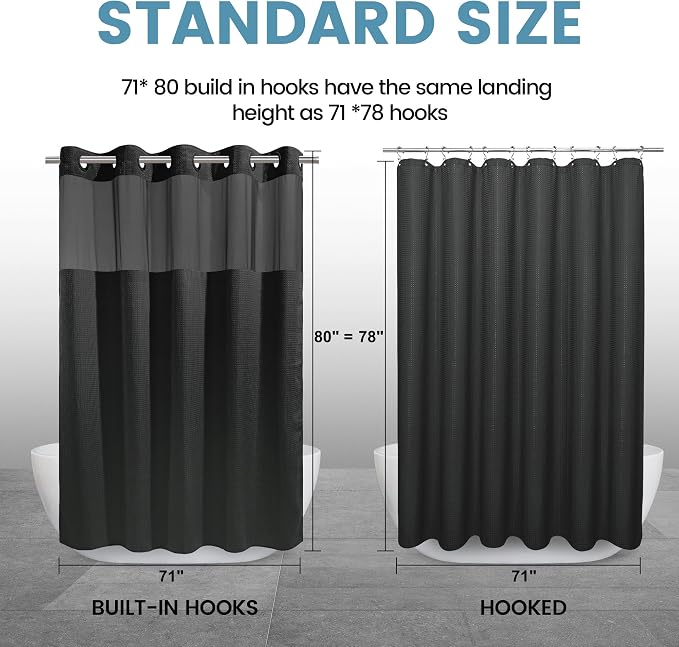 EUTXL Heavyweight Long No Hook Shower Curtain with Snap in Liner,256GSM Waffle Weave Shower Curtains for Bathroom,71W x 80H(78"),Black