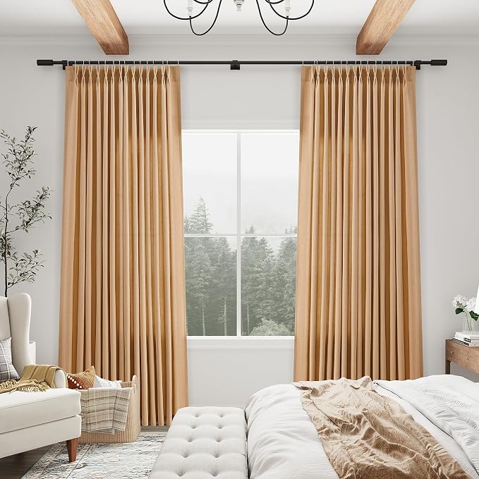 Aersas Camel Linen Pinch Pleated Curtains 90 Inches Long 2 Panels Set Pleat Semi Sheer Modern Farmhouse Drapes Flax Texture Fabric Window Treatments with Hooks for Bedroom, 40 Inch x 90 Inch