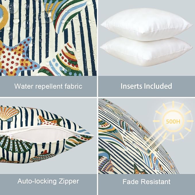 LVTXIII Outdoor Throw Pillows 18x18 Patio Waterproof Square Pillows with Piping Fade Resistant Accent Pillow for Spring Summer Garden Decoration, Set of 2, Crayon Shells