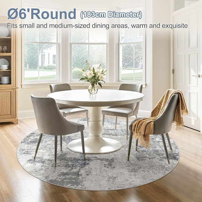 DMOYEST 6ft Round Area Rug for Living Room - 6x6 Washable & Non Slip Circle Rug, Kid & Pet Friendly Soft Low Pile Abstract Carpet for Bedroom and Dining Room - Grey Blue