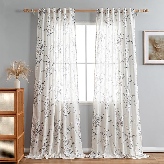 MYSKY HOME Sheer Floral Curtains for Living Room 95 Inch Long, Look Vertical Drapes Bedroom Light Filtering Privacy Added Farmhouse Style Texture Soft Touch for Dining Room, Navy Blue, 2 Panels