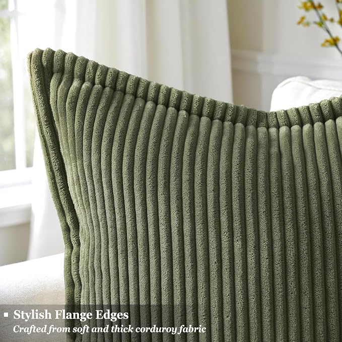 decorUhome Fall Corduroy Olive Green Throw Pillow Covers 20x20 Set of 2 | Couch Decorative Soft Modern Boho Farmhouse Pillow Covers Broadside Striped Pillow Cases for Living Room Bed Sofa