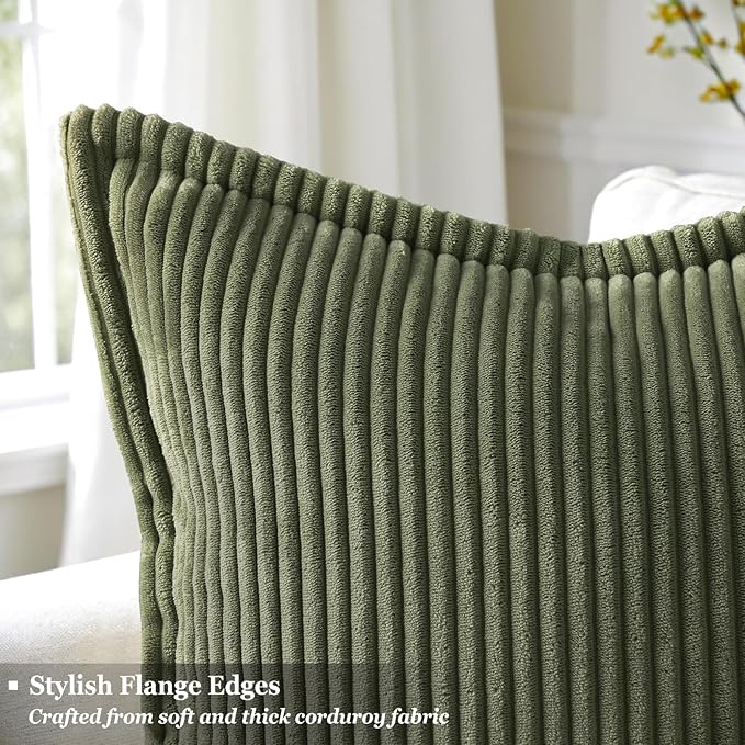 decorUhome Fall Corduroy Olive Green Throw Pillow Covers 18x18 Set of 2 | Couch Decorative Soft Modern Boho Farmhouse Pillow Covers Broadside Striped Pillow Cases for Living Room Bed Sofa