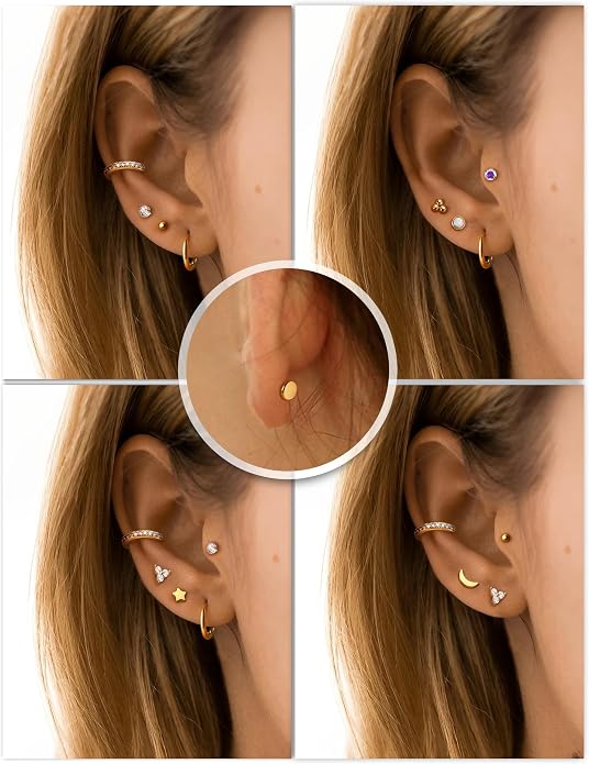 Sanfenly Threadless Flat Back Earrings Studs 316L Surgical Steel Cartilage Earrings for Women Men Push in Nose Rings Studs 20G 18G 16G CZ Opal Tragus Helix Conch Lip Labret Medusa Nostril Piercing Jewelry Hypoallergenic