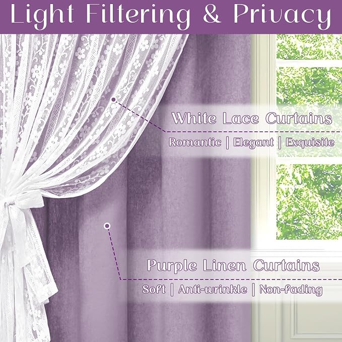 ASPMIZ Linen Curtains for Living Room Double Layer Curtains with Linen Lace, Purple Curtain for Bedroom Light Filtering, Rod Pocket Drapes 84 Inch Length 2 Panels Set with 2 Tiebacks, 52x84