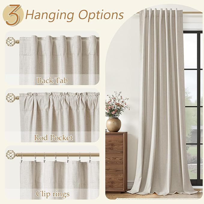 Guken Extra Long 100% Blackout Linen Curtains for Bedroom 102 inches Long, Thermal Insulated Room Darkening Black Out Drapes for Living Room, Back Tab Rod Pocket 2 Panels Set,Grey Beige,52x102