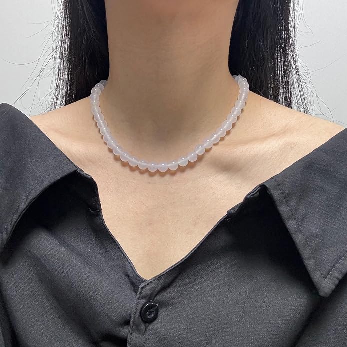 Kakikaki Natural Agate Choker Necklace Sterling Silver Round Beads Strand Necklace for Women