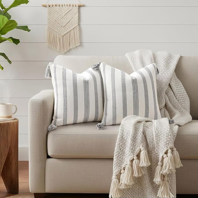 Smile Bee Boho Outdoor Couch Throw Pillow Covers Set of 2 Decorative Thick Woven Striped Accent Neutral Pillow Covers with Tassels for Bed Sofa Home Decor 20x20 Inch, Grey and Cream White | Woven Cozy Boho Decorative Modern Farmhouse Accent Pillow Case...