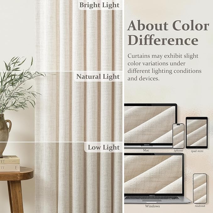 Birch Pinch Pleated Short 63 Inch Curtains for Kitchen Windows 2 Panels Set, Memory Trained Pinch Pleat Light Filtering Sheer Boho Cafe Curtain Natural Linen Privacy Small Drapes with Rings 50W x 63L