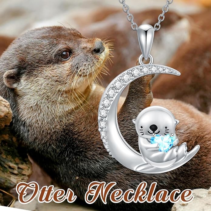 PROESS Animal Birthstone Necklace 925 Sterling Silver Otter/Axolotl/Hippo/Elephant/Dachshund/Monkey/Red Panda Pendant Necklace Animal Birthstone Jewelry Gifts for Women