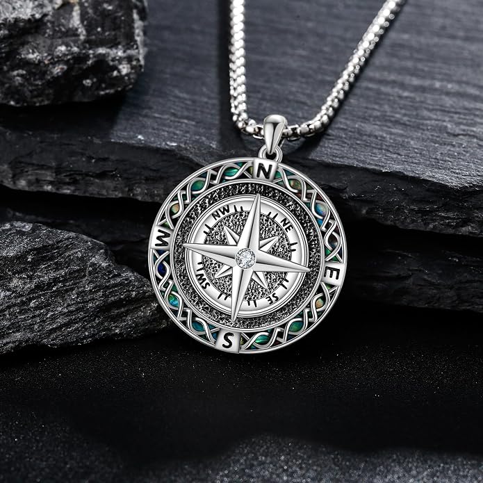 Compass Thor Hammer Necklace Sterling Silver Viking Compass Mjolnir Jewelry Gift for Men