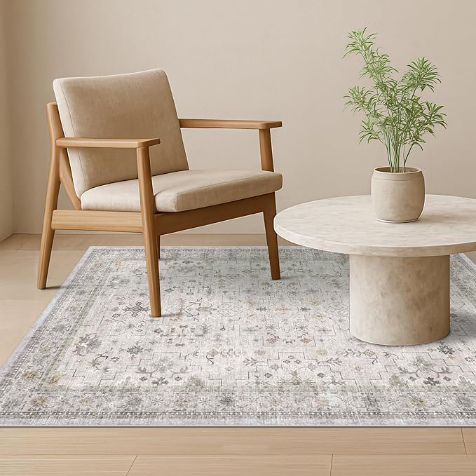Hazo Haus Washable Boho 4x6 Living Room Rug - Light Gray & Sage Area Rug for Kitchen, Mudroom, Bedroom Beside Bed, Office, Modern Vintage Eclectic Geometric Floral, Low Pile & Fade Resistant
