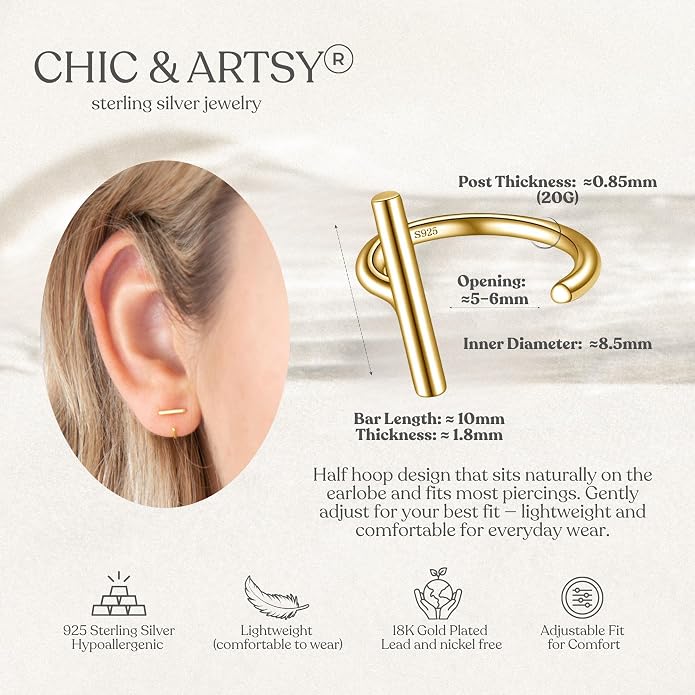 CHIC & ARTSY 925 Sterling Silver Half Hoop Earrings for Women, Small Huggie Hoops Set with Ball Bar Star Moon Cross & Pearl, Lightweight Comfort Fit Everyday & Sleep Earrings