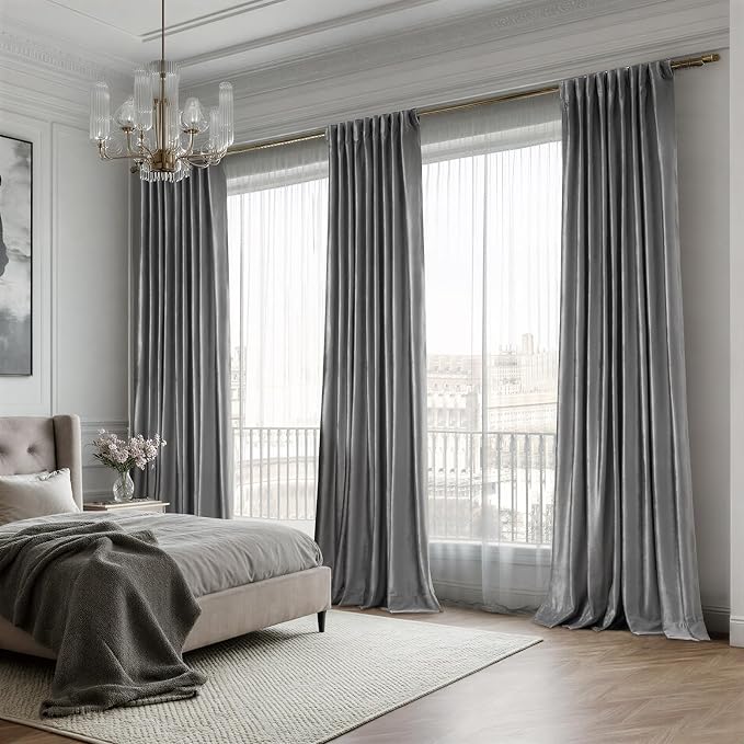 100% Blackout Grey Velvet Curtains 90 inch Long for Living Room,Elegant 2 Panels Back Tab Thermal Insulated Room Darkening Curtain with Liner Heavy Noice Reducing Soundproof Window Drapes for Bedroom
