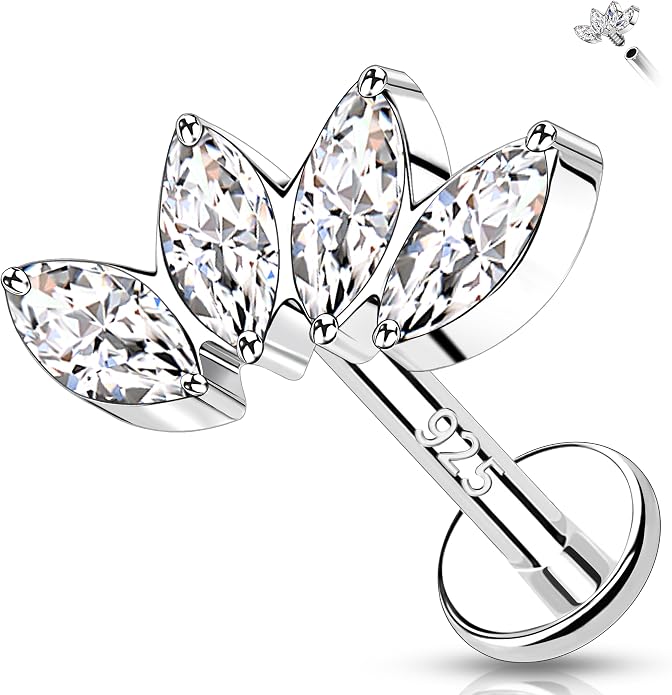 Melighting 16G Curved Helix Earring, Sterling Silver 925 Tragus Conch Stud Internally Threaded, Clear Marquise Round CZ Flat Back Lobe Labret Cartilage Piercing Jewelry for Women 6/8 mm