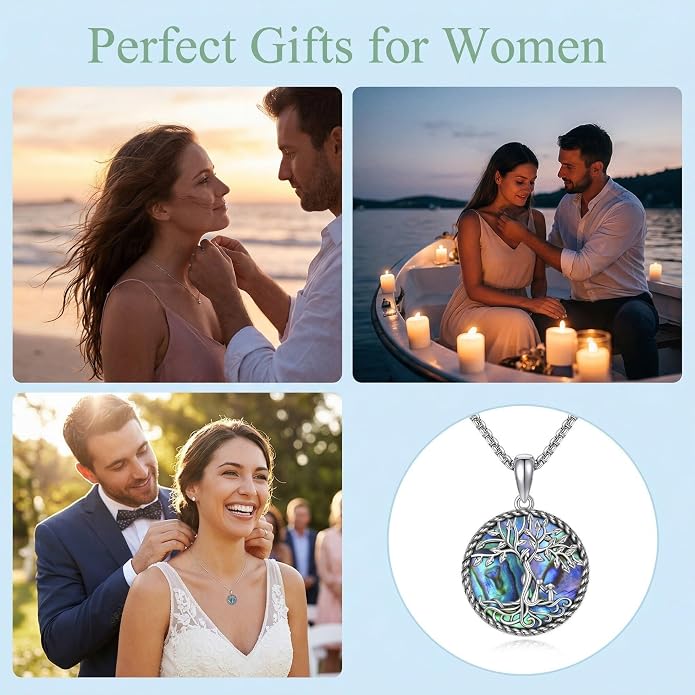 Tree of Life Necklace 18K White Gold Plated Tree of Life Abalone Shell/Crystal Pendant Necklace Family Tree Jewelry Gifts for Women Mothers Day Gifts