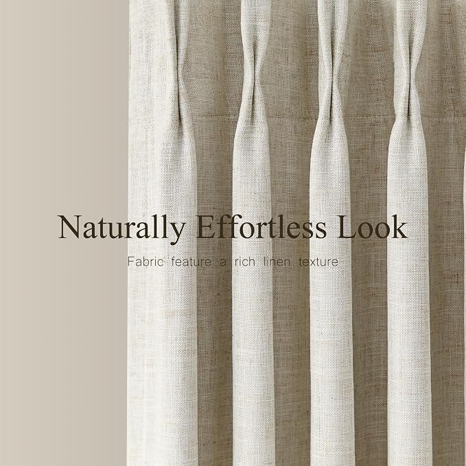 Pinch Pleated Curtains 100% Blackout Linen Curtains 94 Inches Long for Bedroom Living Room, Natural Memory Trained Thermal Insulated Room Darkening Window Drapes with Hooks 2 Panels 40"Wx94"L