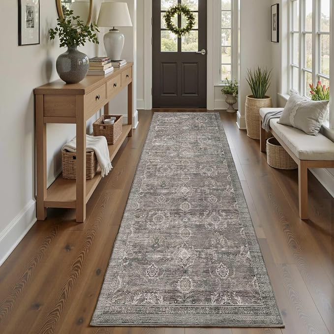 Rugxara 2'6''x8' Washable Runner Rug for Hallway Kitchen, Taupe/Grey | Non Slip, Runner Rug for Entryway Bedroom Laundry Room Bathroom, Stain Resistant, Soft, Low Pile, Vintage Boho Retro Carpet