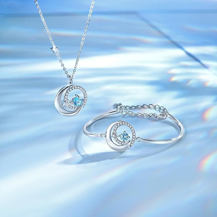 FANCIME Birthstone Necklaces 925 Sterling Silver Moon and Star Pendant Fine Jewelry Birthday Mothers Day Gifts for Mom Wife Her Daughter, Adjustable Chain 16+2"