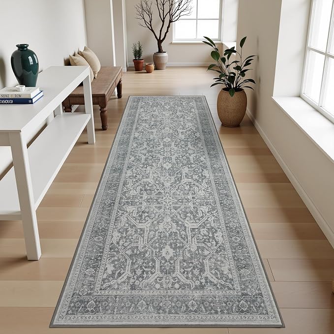 Joydeco Washable 2x6 Hallway Runner Vintage, Light Gray&Dark Gray&White | Water Resistant Low Pile Non Slip Backing for Kitchen Entryway Bedroom Bathroom Dining Room