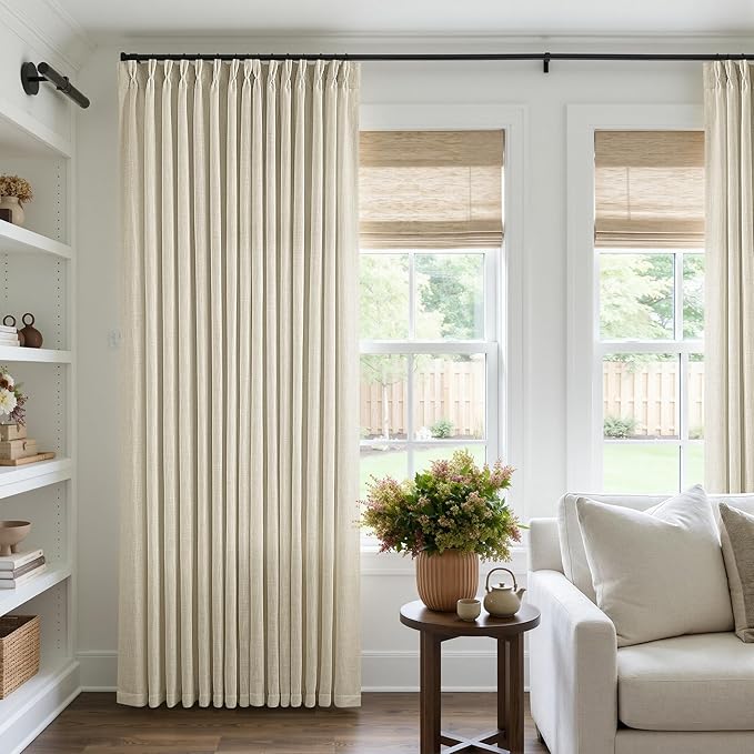 Extra Wide Pinch Pleat 100 x 108 Inch Linen Semi Sheer Curtains 1 Panel | Neutral Beige, for Living Room Patio Glass Sliding Door Dining Bedroom Large Window, Light Filter, Pinch Pleated W100xL108