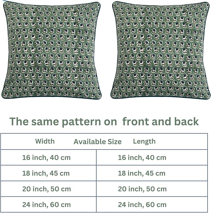 Ridhi Block Print Basil Green Pillow Cover 20" x 20" (Pack of 2) Decorative Couch Pillows for Living Room, Chic Boho Cute Outdoor Pillows Covers Gifts for Spring, Easter and Valentine