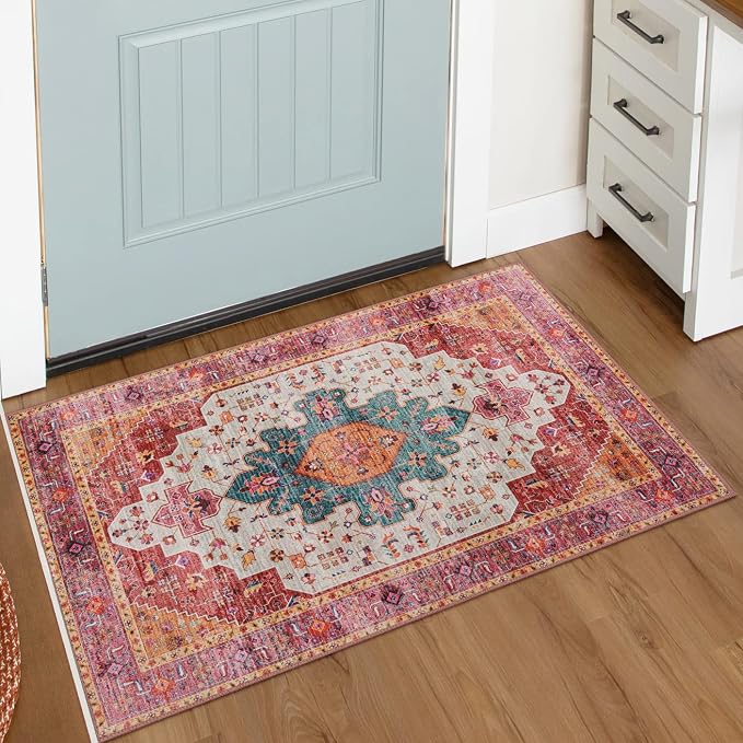 Moynesa Ultra-Thin Washable Pink Area Rug - 2x3 Small Pink Washable Bedroom Rug Entry Mat, Vintage Non-Slip Non-Shedding Low Pile Indoor Throw Carpet for Laundry Living Room Hardwood Floors Kitchen