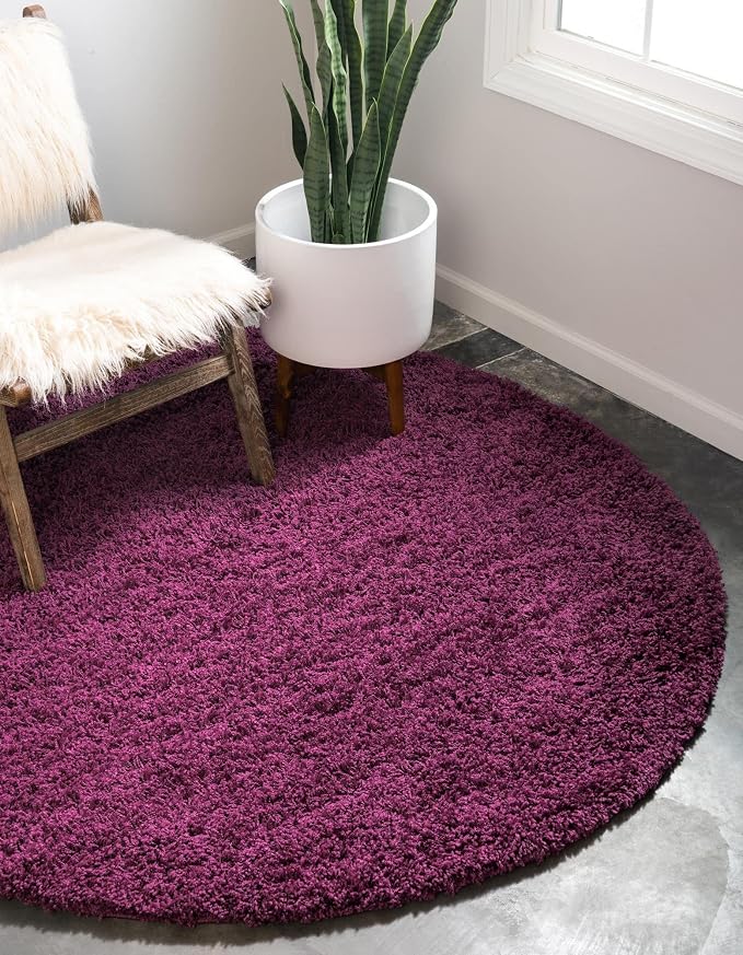 Unique Loom Solid Shag Collection Area Rug (5' 3" Round, Eggplant Purple)