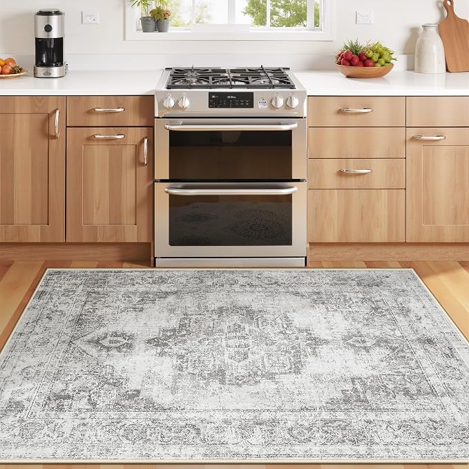 Area Rug 3x5 Vintage Rug: Washable Indoor Medallion Rug Low Pile Distressed Floor Carpet Retro Accent Doormat for Bedroom Bathroom Hallway Kitchen Home Office(Grey, 3'x5')