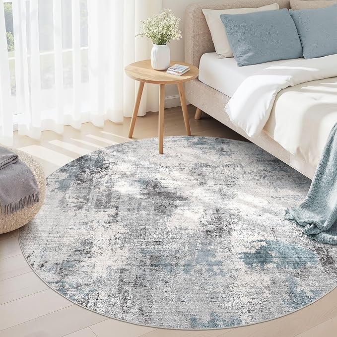 Abstract 6FT Round Rug: Machine Washable Non Slip Ultra Thin Low-Pile Carpet, Soft Stain Resistant for Living Room Bedroom Nursery, Kid Pet Friendly, Robot Vacuum Compatible - Grey Blue