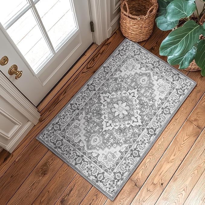 Lessymo 2 x 3 Entryway Rug - Machine Washable Area Rugs Boho Faux Wool Low Pile Area Rug for Bedroom, Floral Medallion Vintage Outdoor Rugs with Non-Slip Rubber,Grey Beige