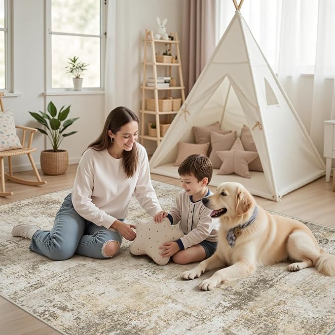 8x10 Area Rugs for Living Room Bedroom: Abstract Washable Rug with Anti-Slip Backing Non-Shedding Stain-Resistant Soft Large Carpet for Dining Room Nursery Hallway Indoor Home Office Beige Grey