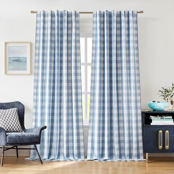 Dusty Blue Plaid Full Blackout Window Curtains 95 Inches Long | Farmhouse Geo Pattern Drape,Modern Energy Efficient Window Treatment for Bedroom Living Room,Rod Pocket Back Tabs,52"Wx95"Lx2