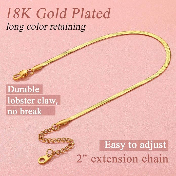 FindChic Elegant Herringbone Snake Chain Anklets/Bracelets 3MM/5MM Width Stainless Steel/18K Gold/Rose Gold Plated/Black 4 Color Options, 8.3'' 8.5'' 10.5'' Length, with Gift Box