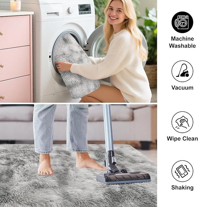 8x10 Area Rugs for Living Room Soft Fluffy Grey and White Rug for Bedroom Under Bed Modern Plush Tie Dyed Gray Shag Carpets Furry Playing Mat for Kids Girls Boys Room Playroom Nursery Dorm