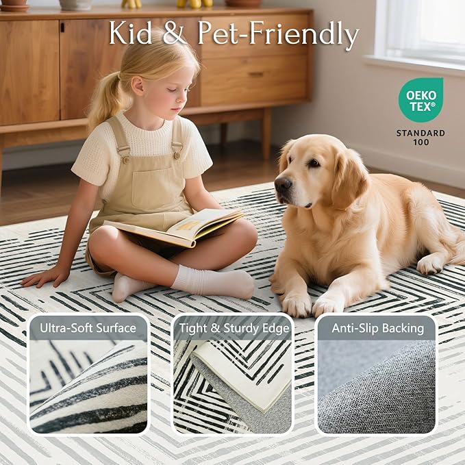 BLISSA 3x5 Washable Area Rug - Modern Entry Rug Non-Slip Ultra-Thin Soft Black White Lines Borderd Abstract Bedside Throw Rug for Entryway Kitchen Bedroom Bathroom Dorm Nursery Home Decor