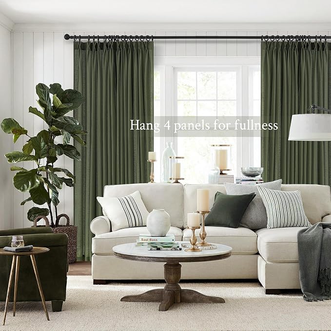 Topfinel 102 Inch Pinch Pleated Linen Curtains 1 Panels,Olive Green Semi Sheer Curtains with Pleated Hooks Back Tab for Track System,Extra Long 9ft Curtain for Living Room Bedroom,60x102
