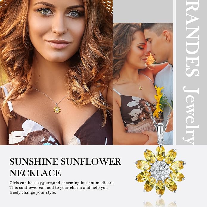 Dainty Sunflower Necklace 925 Sterling Silver Flower Pendant Necklaces for Women Birthstone Anniversary Jewelry